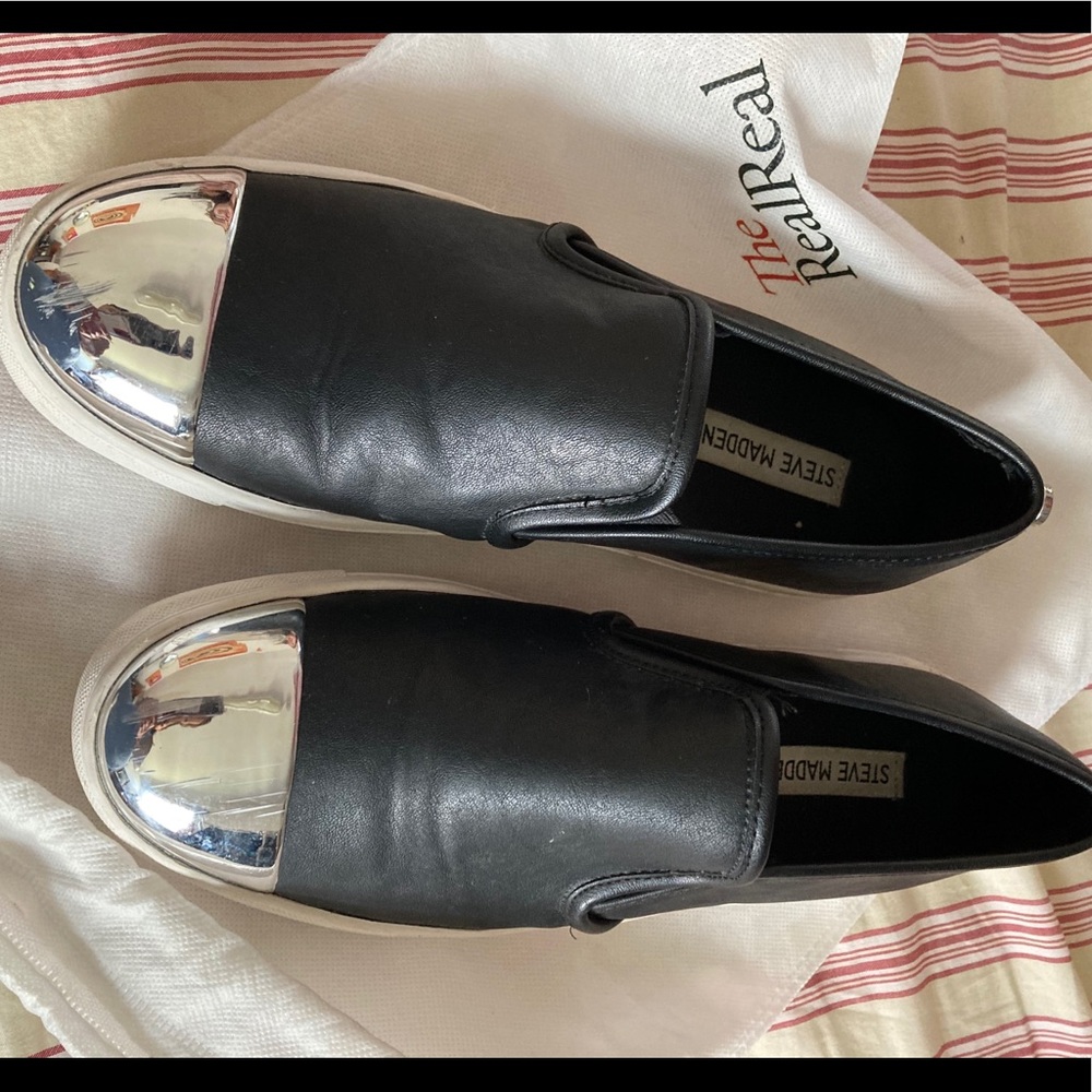 Slip on black Steve Maddens with sliver toe cover
